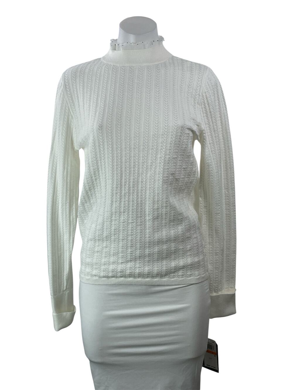 NEW Democracy White Pointelle Knit Long Sleeve Ruffle Mock Sweater Top Size S